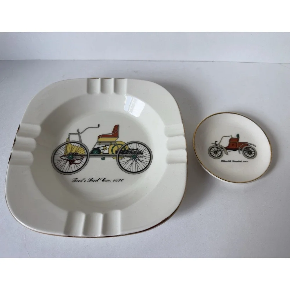 1950's Homer Laughlin Ford's First Car 1896 Automobile Ashtray & Small Plate